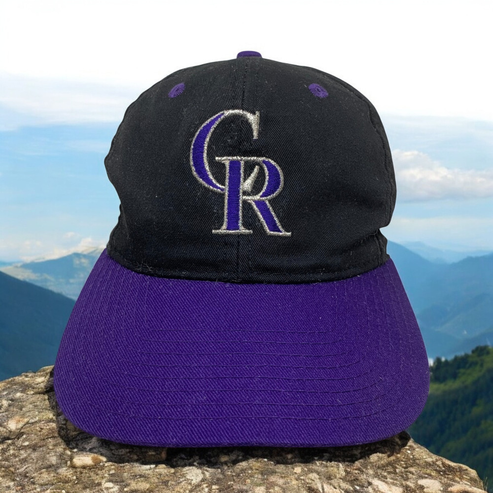 Vintage Twins Enterprise Colorado Rockies Snapback Hat Cap Black Purple Spellout